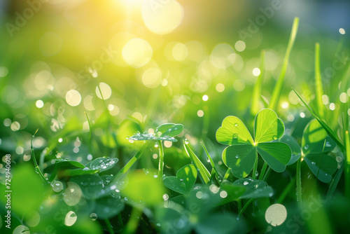 Green background with four-leaf clovers. St. Patrick's banner with Irish shamrocks and copy space. Celebrating St. Patrick's Day in Ireland.