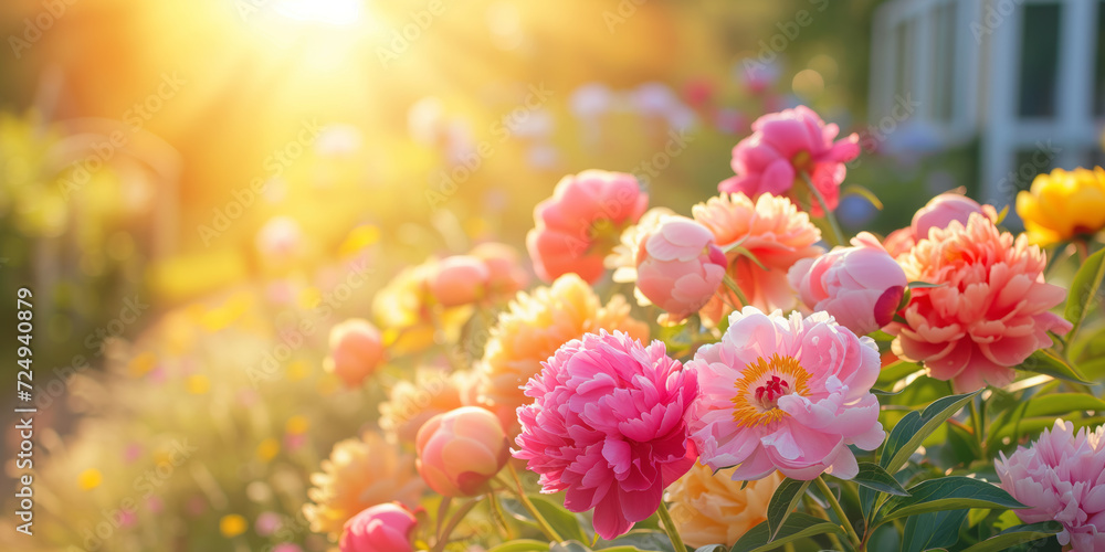 Beautiful colorful peonies blossoming in a garden on sunny spring day. - obrazy, fototapety, plakaty 