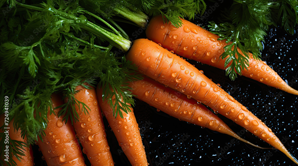Top view of a group of wet fresh orange carrots. Advertising banner layout for the vegetable department of a supermarket. Top view of a group of wet fresh orange carrots. Advertising banner layout for the vegetable department of a supermarket.