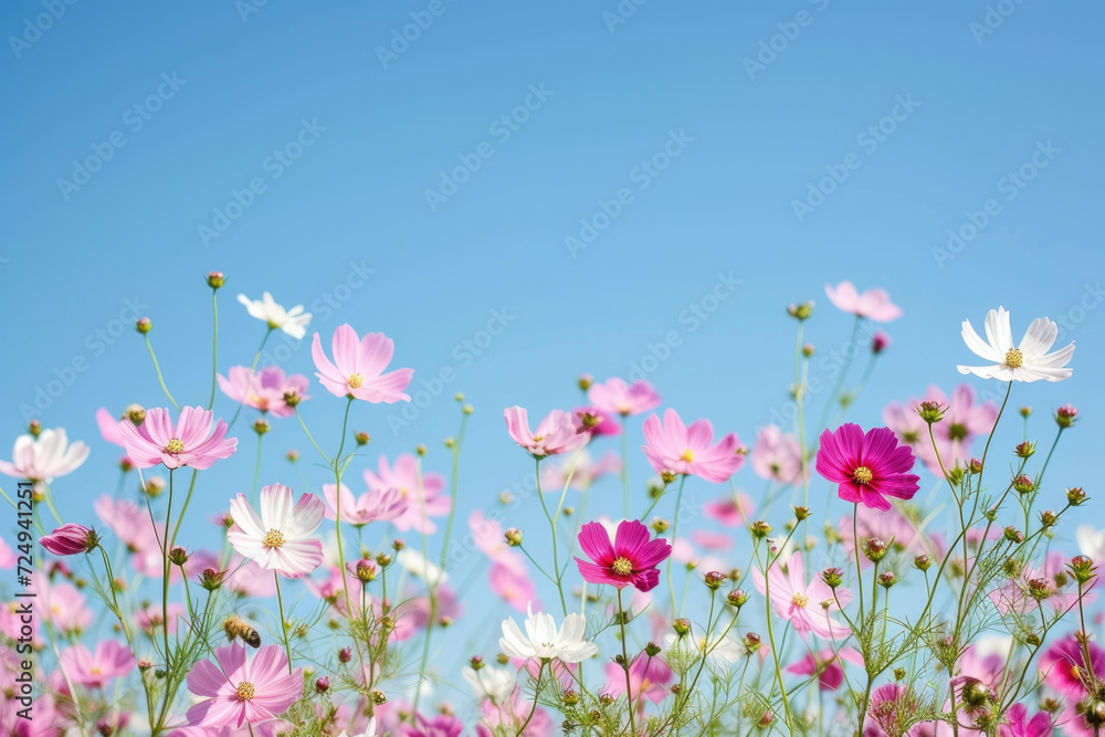 field of blooming cosmos flowers under a clear blue sky