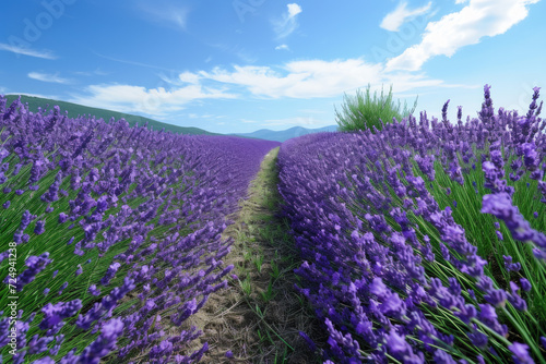 field of lavender under a clear blue sky. The purple flowers sway gently in the breeze  their sweet fragrance filling the air