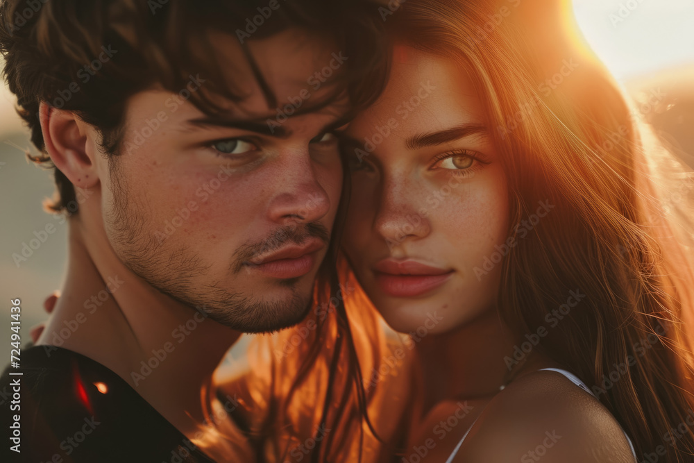 couple with a brunette hair and a green eyes and a professional overlay on the sunrise