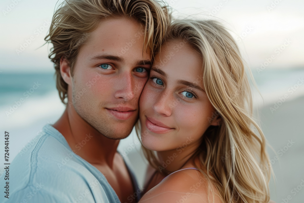 couple with a blonde hair and a blue eyes and a professional overlay on the beach couple with a blonde hair and a blue eyes and a professional overlay on the beach
