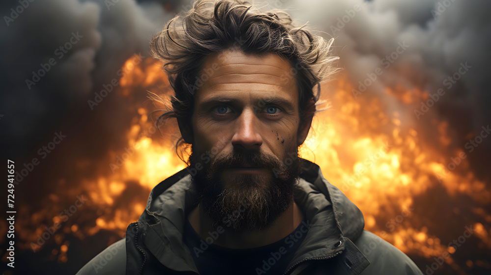 Obraz premium portrait of a brutal bearded man against a background of fire and smoke