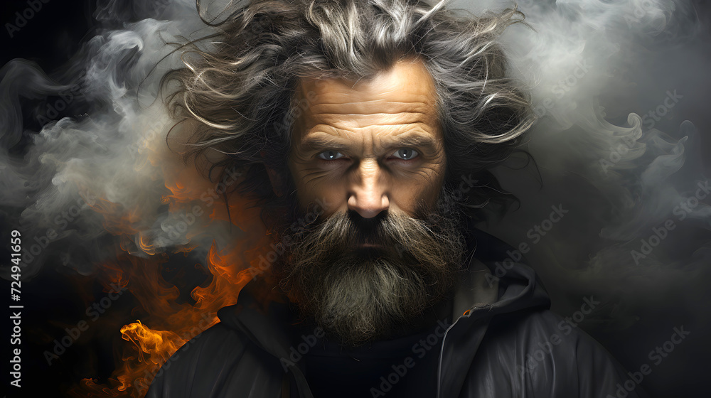 portrait of a brutal bearded man against a background of fire and smoke