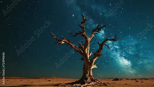 dry tree in the middle of the desert under the stars photo