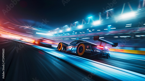 Thrilling night race! Captivating cars speed under stadium lights, streaks of light add drama. Navigate turns in low-light for electrifying atmosphere.
