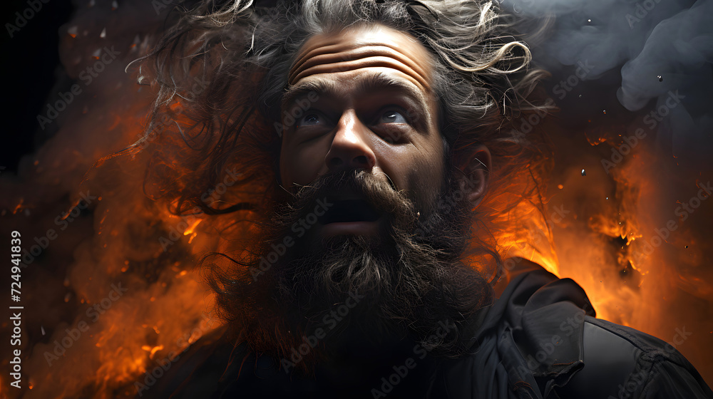 portrait of a brutal bearded man against a background of fire and smoke