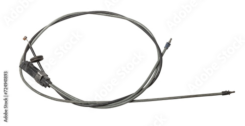 Metal cable for hood opening isolated on white background. Auto service industry. Spare parts catalog.