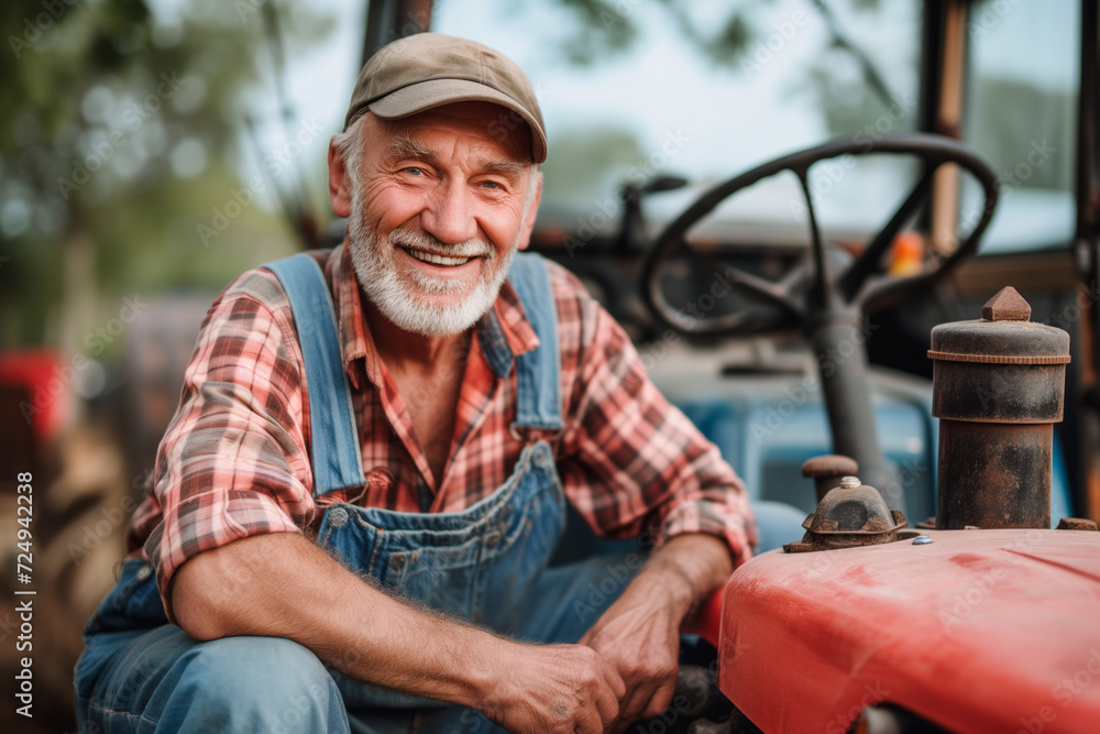 Smiling farmer in front of tractor in field. Agriculture concept.