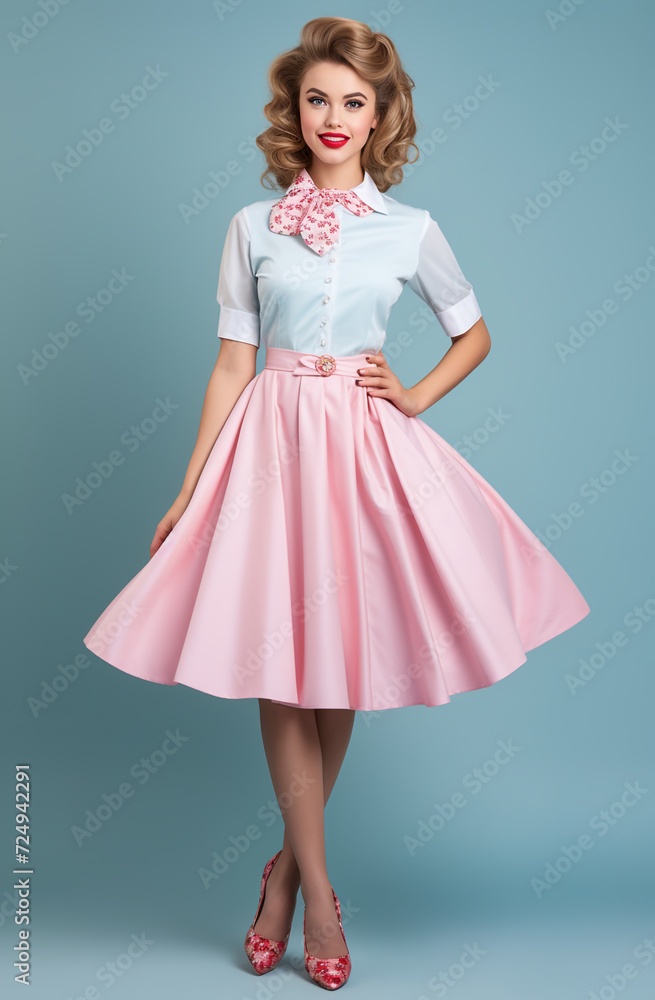 Illustration of young beautiful cheerful woman. Retro fashion pin-up style. Poster, invitation, flyer, banner, email, header, social media post. Sale. Generative Ai content Illustration of young beautiful cheerful woman. Retro fashion pin-up style. Poster, invitation, flyer, banner, email, header, social media post. Sale. Generative Ai content