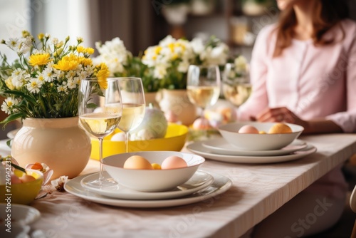 woman setting table for Easter dinner . ai generated