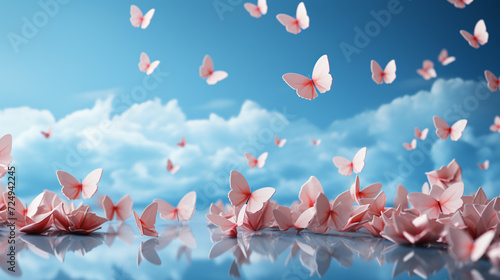 Beautiful paper craft butterflies flying in blue sky, femininity, freedom and fragrance concept abstract background.