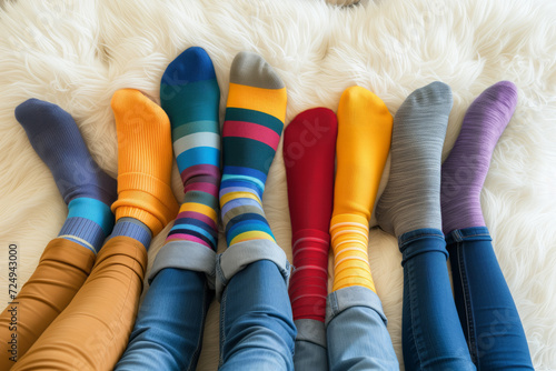 A group of people wearing multi-colored mismatched socks. Odd socks day, anti-bullying week social concept. Down syndrome awareness day. photo