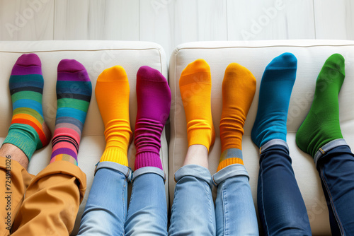 A group of people wearing multi-colored mismatched socks. Odd socks day, anti-bullying week social concept. Down syndrome awareness day. photo