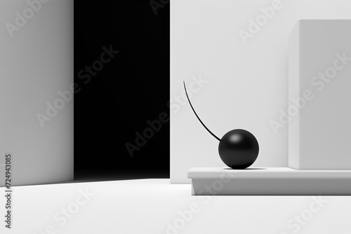 Still life, minimalist art concept. Abstract and surreal composition of objects in interior or landscape background illustration. Black and white image