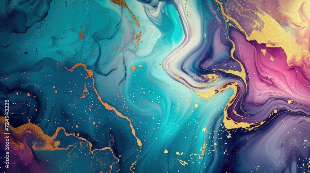 Swirling abstract marble with vibrant aqua, purple hues, and gilded gold accents