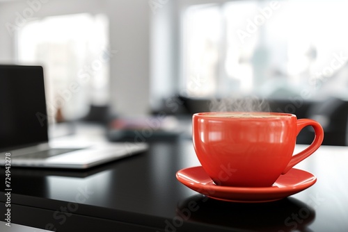 A bold, red ceramic coffee cup, steam gently rising, positioned on a minimalist black desk in a brightly lit office. The background shows a contemporary laptop