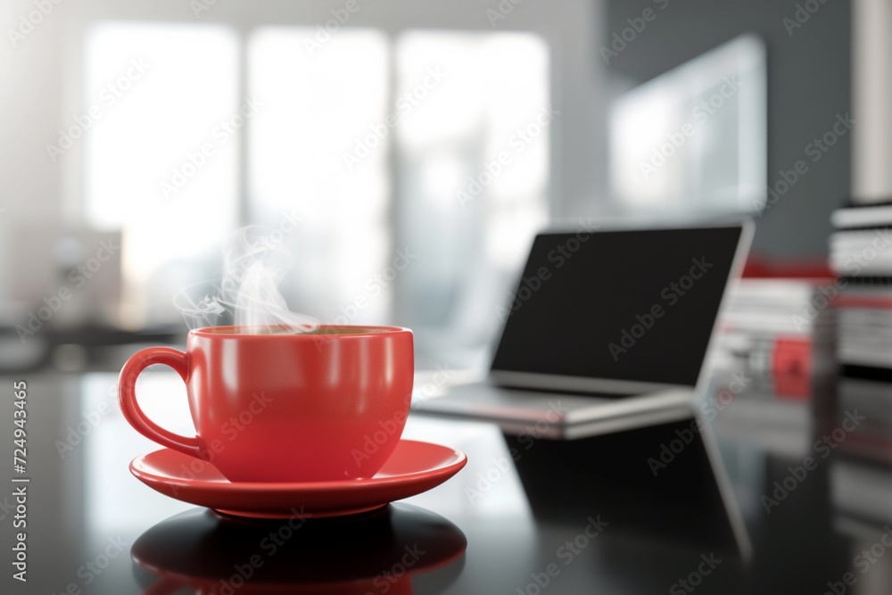 A bold, red ceramic coffee cup, steam gently rising, positioned on a minimalist black desk in a brightly lit office. The background shows a contemporary laptop A bold, red ceramic coffee cup, steam gently rising, positioned on a minimalist black desk in a brightly lit office. The background shows a contemporary laptop