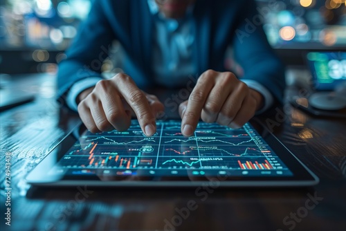 Close-up of hands using a digital tablet displaying vibrant financial charts and graphs, analyzing and managing financial data and cryptocurrencies in a technology era