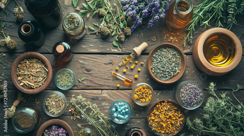 An artistic flat lay of homeopathic remedies including tinctures and dried herbs. photo