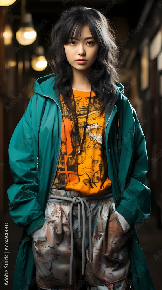 The allure of a Japanese girl in fashionable streetwear, set against a backdrop of deep turquoise