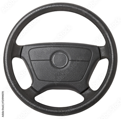 Steering wheel for car and truck isolated on white background. Automobile vehicle part or equipment. Round modern style consist of black leather and aluminum. For driver to driving control and tuning.