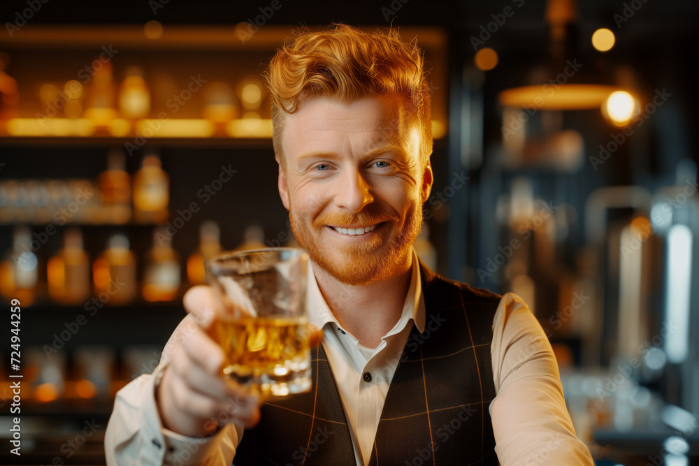 Handsome man holding a glass of strong alcoholic drink in traditional Irish distillery. Drinking alcoholic beverage. Production process of a variety of spirits.