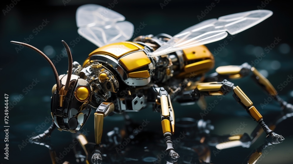 Close-up view of a robotic bee with modular components. Artificial flying pollinator microscale robot. Close-up view of a robotic bee with modular components. Artificial flying pollinator microscale robot.