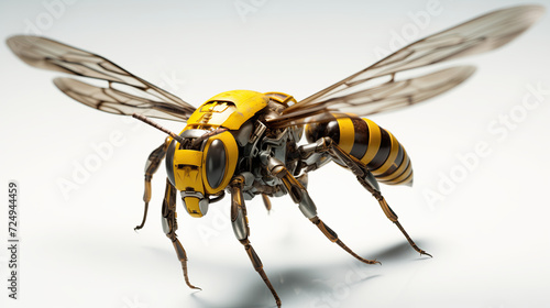 A robotic wasp flying over a white background. Microscale robot with flying insect shape.