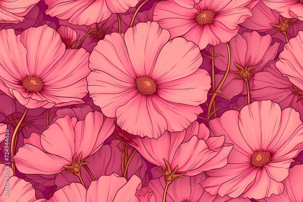 Pink cosmos flowers seamless pattern