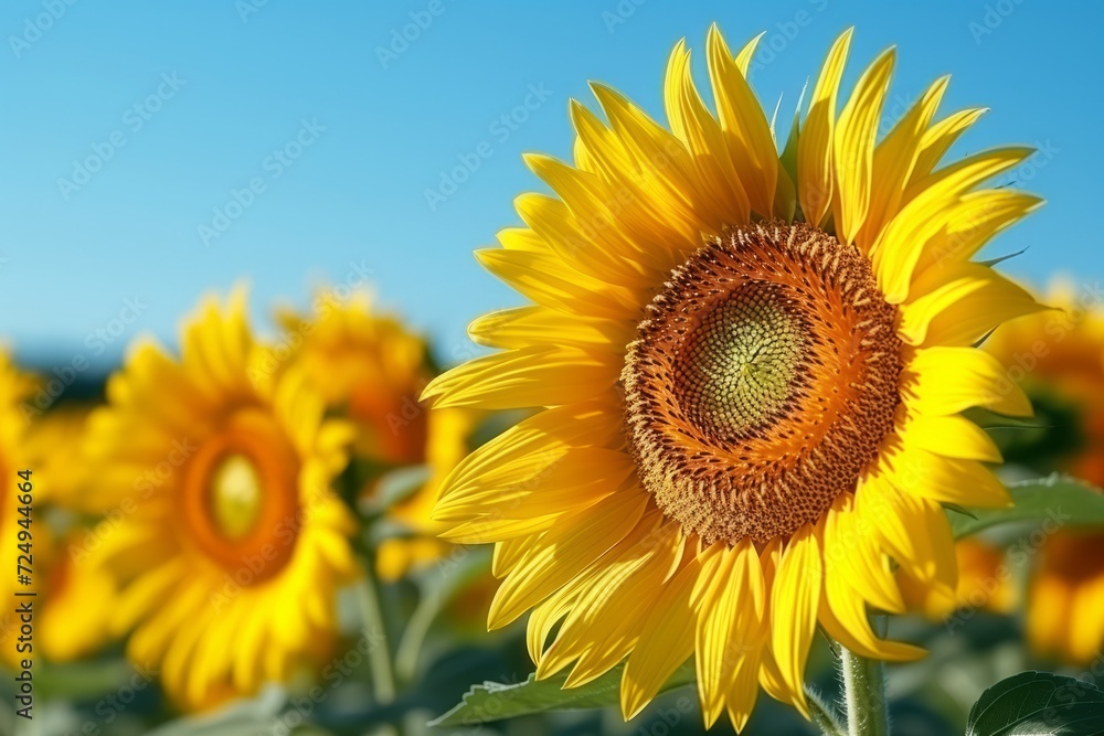 Close-up of a sunflower in a field of sunflowers with a blue sky in the background