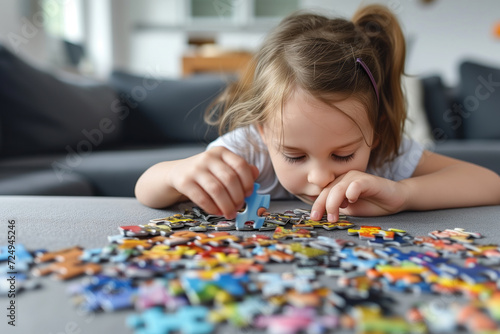 Little girl playing puzzles at home. Child connecting jigsaw puzzle pieces in a living room table. Kid assembling a jigsaw puzzle. Fun family leisure.