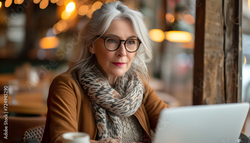 Older woman in her 50s with grey hair working on laptop computer at cafe table, senior adult woman in glasses using laptop