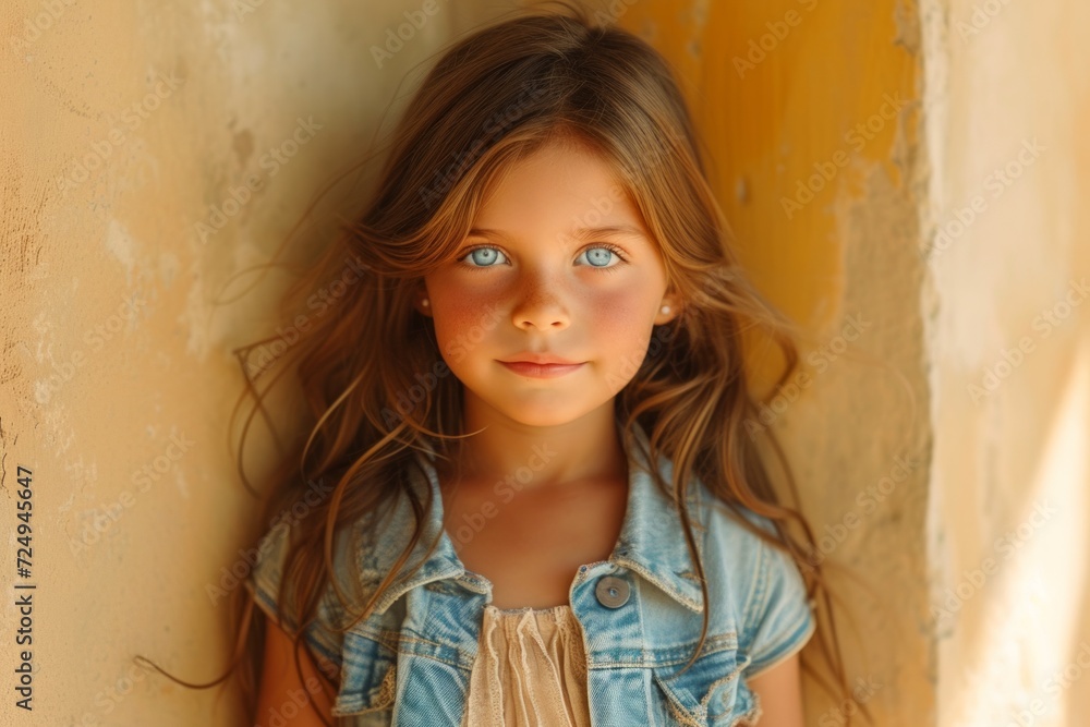 Portrait of a beautiful young girl with long brown hair and blue eyes wearing a denim jacket Portrait of a beautiful young girl with long brown hair and blue eyes wearing a denim jacket