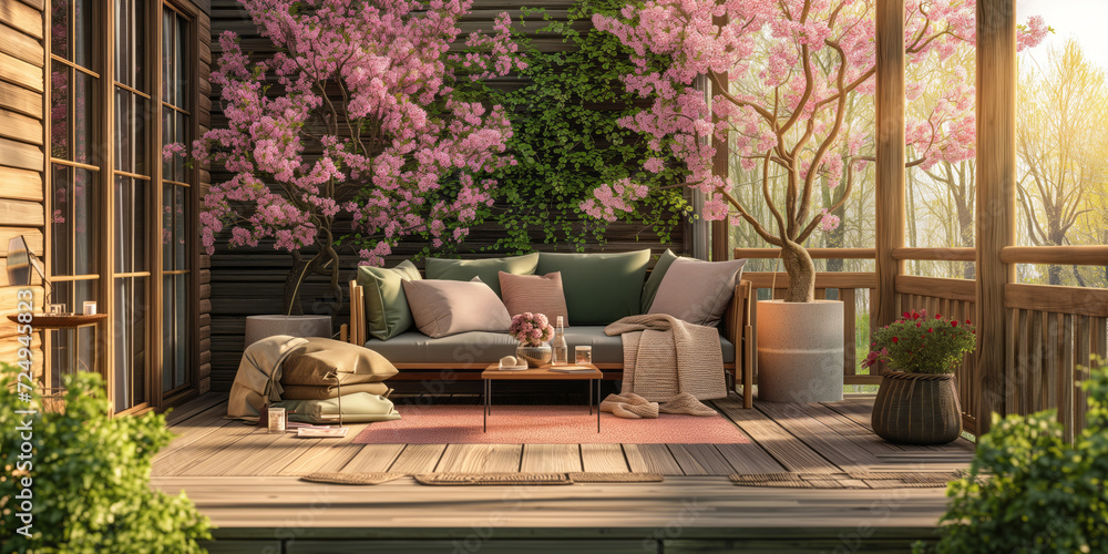 Fototapeta premium Cozy wooden terrace with rustic wooden furniture, soft pillows and blankets. Charming sunny evening in spring garden with blossoming trees.