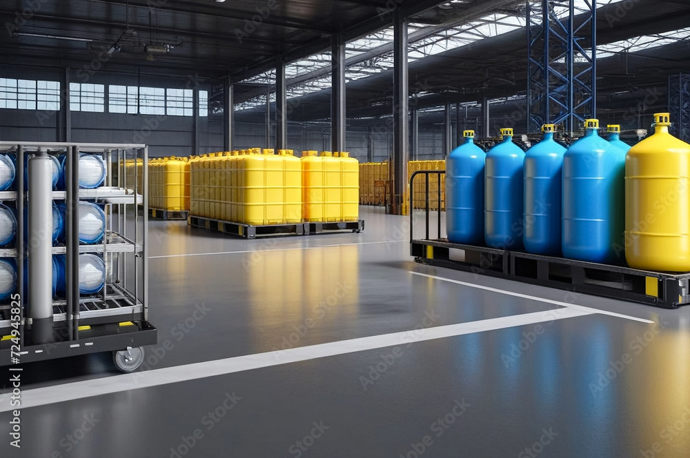 Industry interior of warehouse storage of chemical liquids on racks and