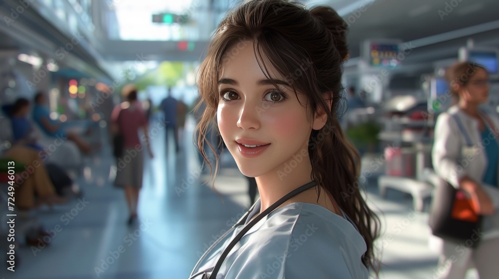 A female doctor with brown hair and brown eyes is smiling at the camera. She is wearing a white coat and a stethoscope around her neck. There are people in the background.