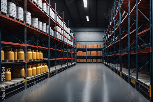 Industrial interior of warehouse storage of chemical liquids on racks and trolley. Liquid blue package storage in warehouse. Concept of industry warehousing and stored of goods. Copy ad text space photo