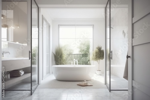 Blurred background, white interior design, white folding door opening to minimalist luxury bathroom with bathtub, sink, and panoramic window,