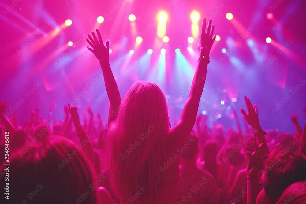 Young woman with long blond hair raising her hands at a concert with a lot of people Young woman with long blond hair raising her hands at a concert with a lot of people