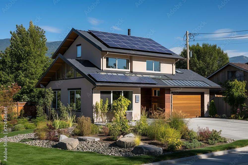 Discover the allure of a suburban dream home, showcasing contemporary architecture and eco-friendly features. This passive and energy-efficient house boasts generous insulation, efficient windows, Discover the allure of a suburban dream home, showcasing contemporary architecture and eco-friendly features. This passive and energy-efficient house boasts generous insulation, efficient windows,