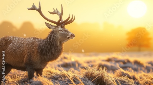 A majestic red deer stands in a snowy field at sunrise photo