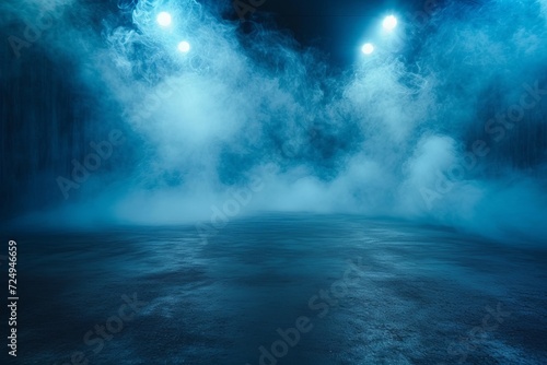 Blue smoke fills an empty room with concrete floor and spotlights in the background © Adobe Contributor