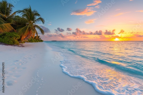 Beach sunset landscape with palm trees and white sand