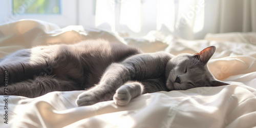 Family cat sleeping on white sheets in sunlit bright room. Sun shining through a window. Pet resting indoors.