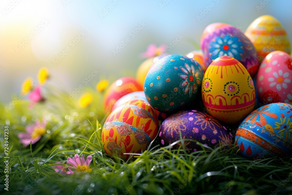 A pile of colorful Easter eggs on green grass with a blurred background of flowers and a bright sky A pile of colorful Easter eggs on green grass with a blurred background of flowers and a bright sky