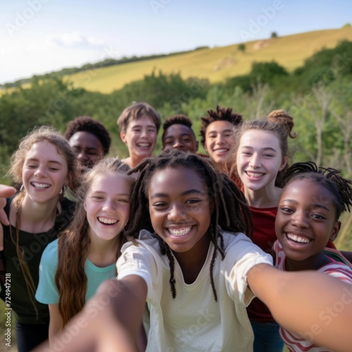 A group of diverse teenagers are smiling and taking a selfie in a field