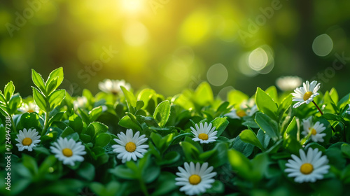 Daisy flower on green meadow in spring blowing in a garden under sun light