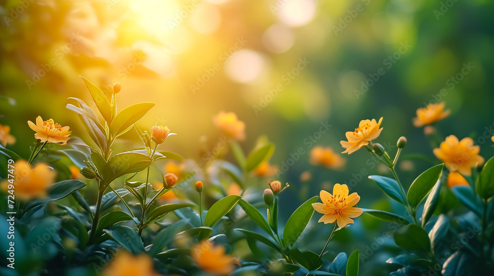 Daisy flower on green meadow in spring blowing in a garden under sun light